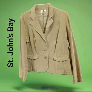 St Johns Bay Vtg Blazer Tan Corduroy Stretch Button Front Pockets Large